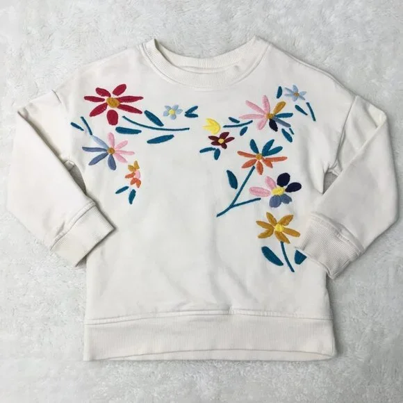 Hanna Andersson Little Girl Off White Floral Sweatshirt Top Size 4 Embroidered - Picture 1 of 12